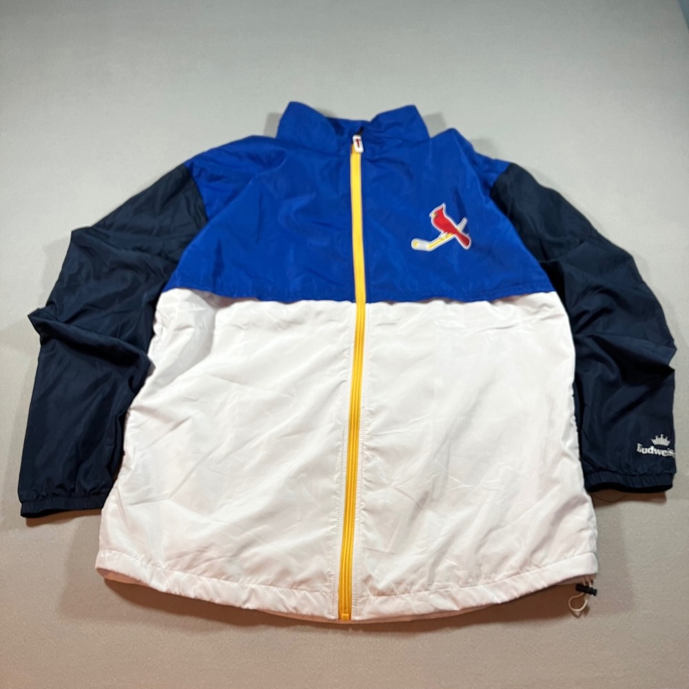 St Louis Cardinals Budweiser MLB Windbreaker Jacket Mens XL Blue White Full Zip